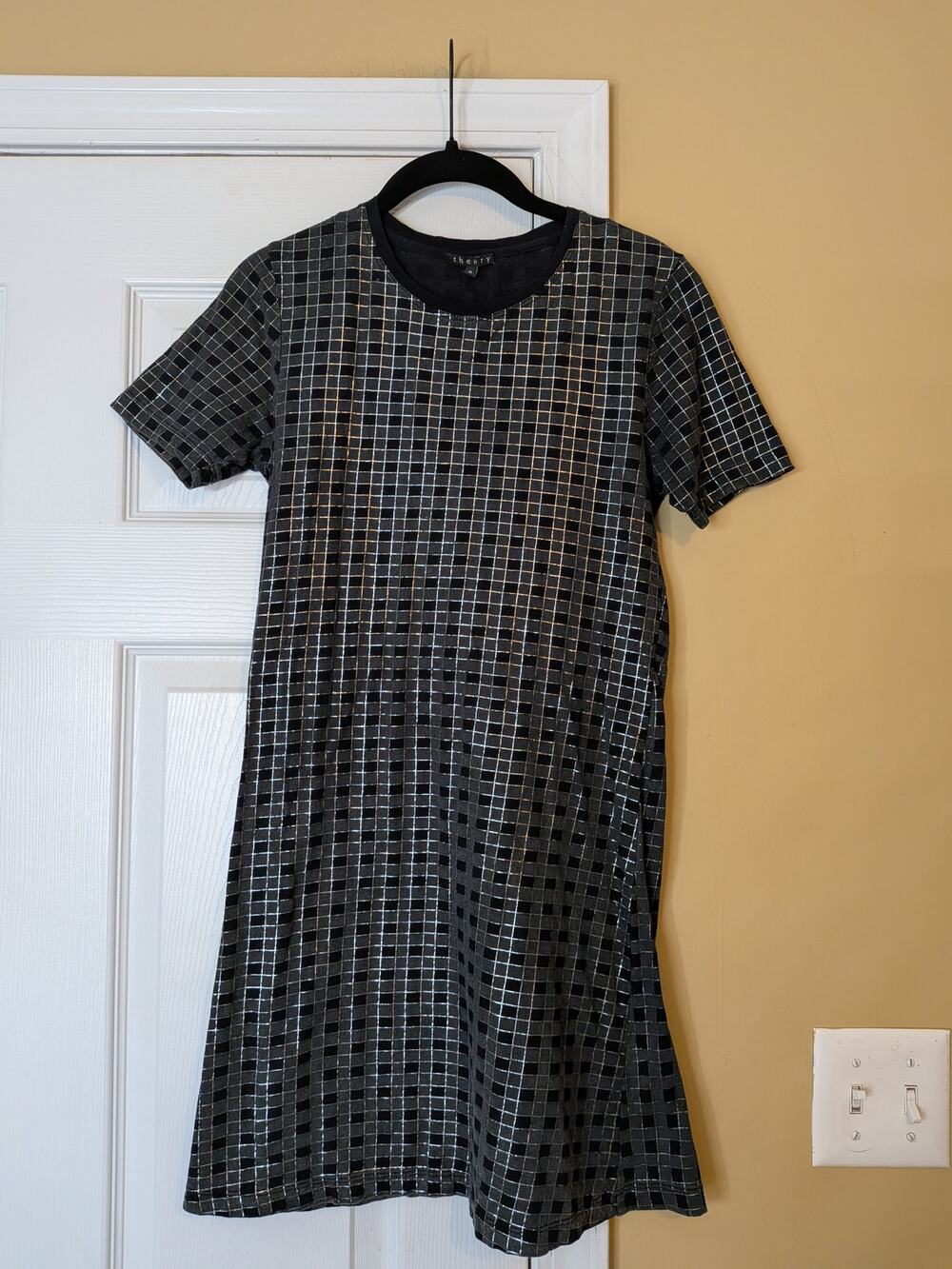 Theory Petite Black Metallic Grid Short Sleeve Fit & Flare Shirt Dress Size XS